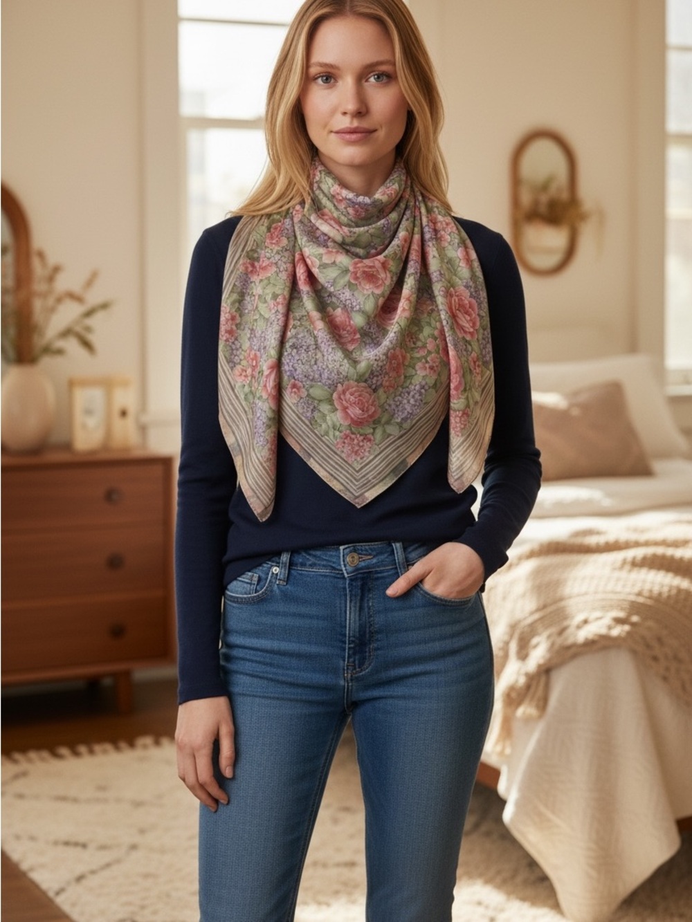 Floral Print Scarf with Pink and Green Accents